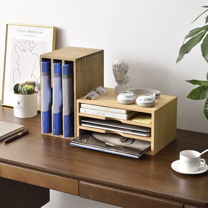 KIRIGEN Wooden Desk Organizer 3-Tier Letter Tray and Paper Sorter, Brown | Solid Wood Paper Tray Document Holder Organizer for Letters, Files, Folders, Mail, Magazines and Office Supplies - Image 2