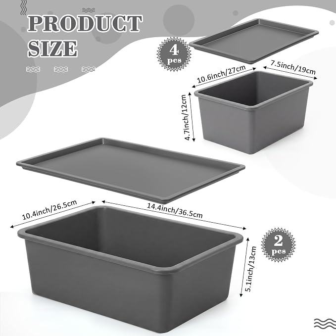 6 Pcs Plastic Storage Bins with Lids Stackable Storage Containers Durable Box Baskets for Organizing Shelves Playroom Classroom Office (Large and Small,Grey) - Image 2