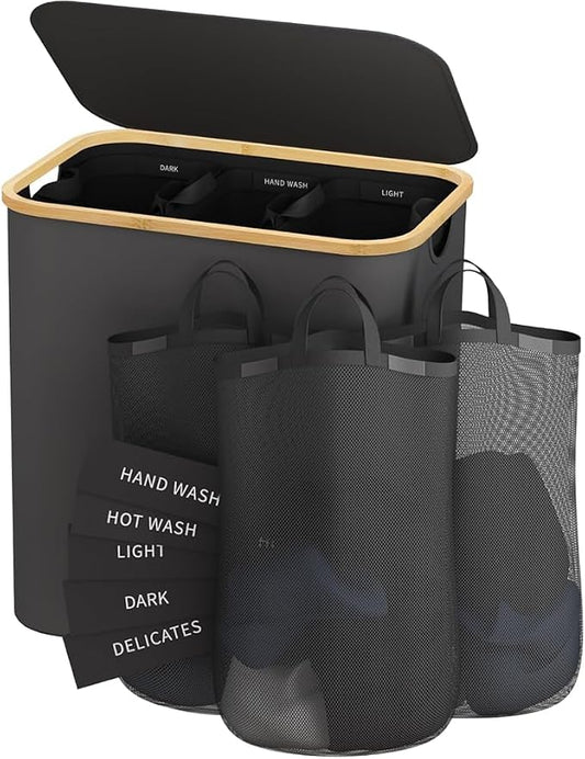 145L Laundry Hamper with Lid, 3 Section Laundry Basket with 3 Removable Bag | Clothes Hampers for Laundry with Bamboo Frame Handle, Large Dirty Clothes Hamper for Laundry Room, Bathroom, Bedroom, Grey by Bathola