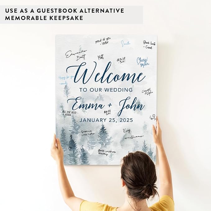Andaz Press Custom Large Canvas Wedding Guest Book Alternative, 16 x 20 Inches, Winter White Watercolor Forest Vertical Personalized Sign Our Canvas Guest Book Signs For Wedding Rustic Woodland Theme - Image 6