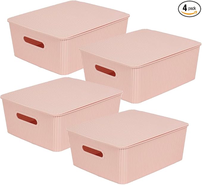 Glad Storage Baskets with Lids - Set of 4 Stackable Plastic Boxes with Handles - Decorative Shelf Organizer Bins for Bathroom and Closet, Pink, 3.1 Gallon by GladTrashFoodStorage
