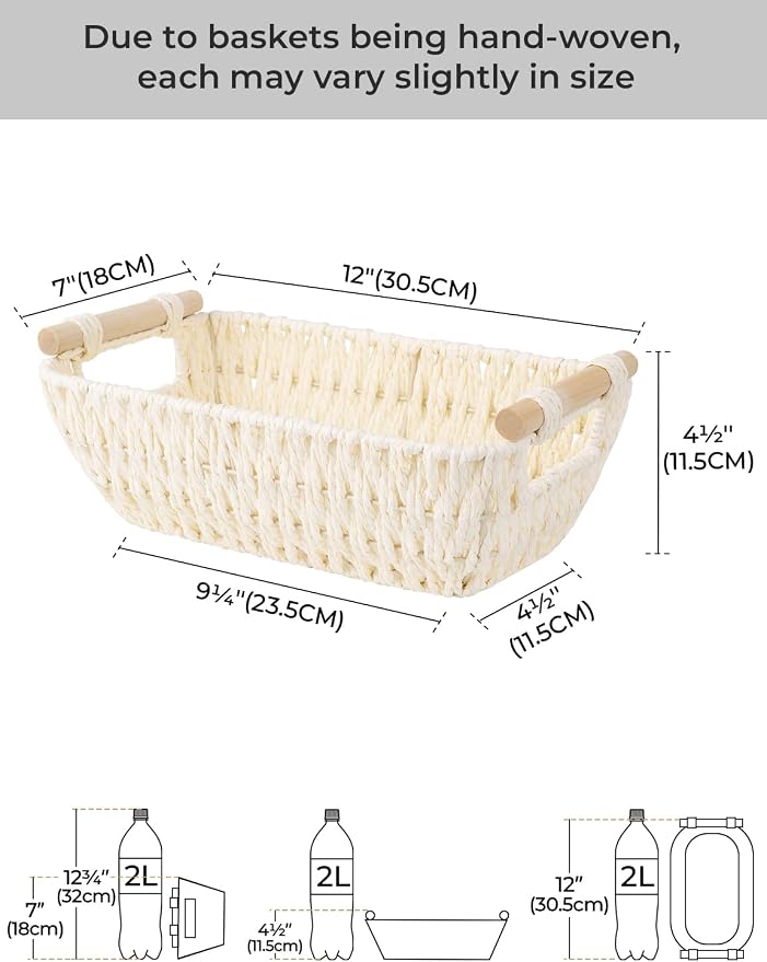 StorageWorks Small Storage Basket, Woven Basket for Shelves, Beige | Wicker Storage Baskets for Shelves, Baskets with Wooden Handles, 2-Pack Gifts Basket for Home Decor, Hand-Woven Basket - Image 2