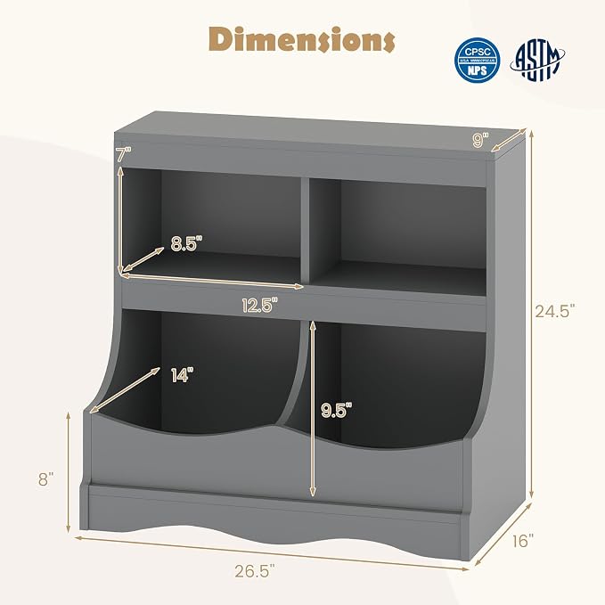 HONEY JOY Kids Toy Storage Organizer, 4-Cubby Wooden Bookcase Cabinet, 2-Tier Open Daycare Shelf for Preschool, Kids Display Bookshelf for Bedroom, Playroom, Classroom & Nursery (Gray) - Image 3