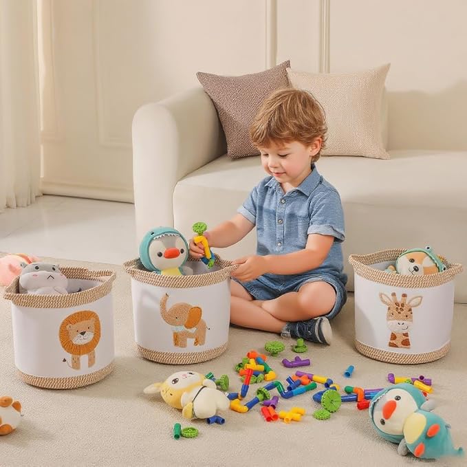 3-Piece Woven Baby Toy Baskets Laundry Hampers, Foldable Nursery Organizer for Toys Clothes Stuffed Animals, Roomy Sturdy Hampers for Baby Gift Nursery Decor Baskets Lion/Giraffe/Elephant Design - Image 2