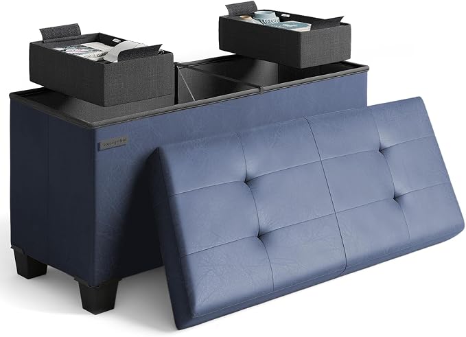 Storage Ottoman Bench with Bins, 30-in Storage Bench for Bedroom End of Bed, Folding Foot Rest Ottoman for Living Room Max 660lbs, Leather Ottomans, Blue by STORAGEBUD