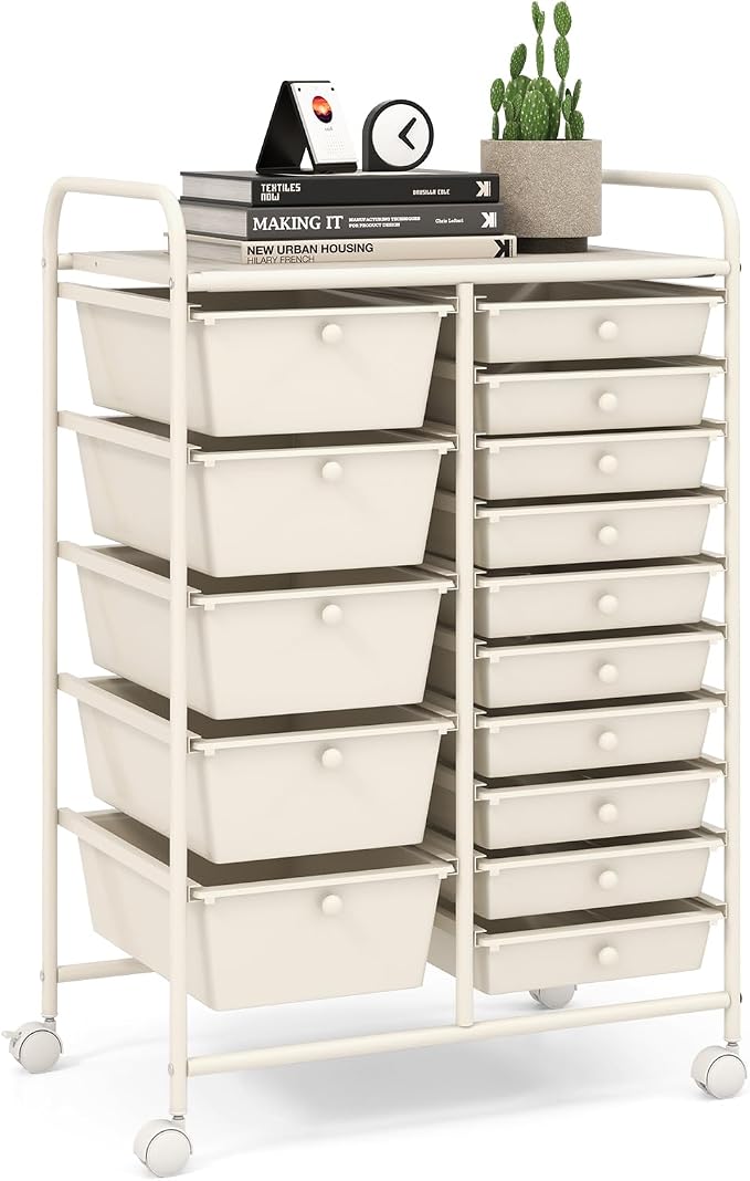 15 Drawer Rolling Storage Cart, Rolling Cart with Drawers for Classroom, Art Supply Craft Organizer on Wheel with Metal Frame & Handles for Home Office School by LDAILY