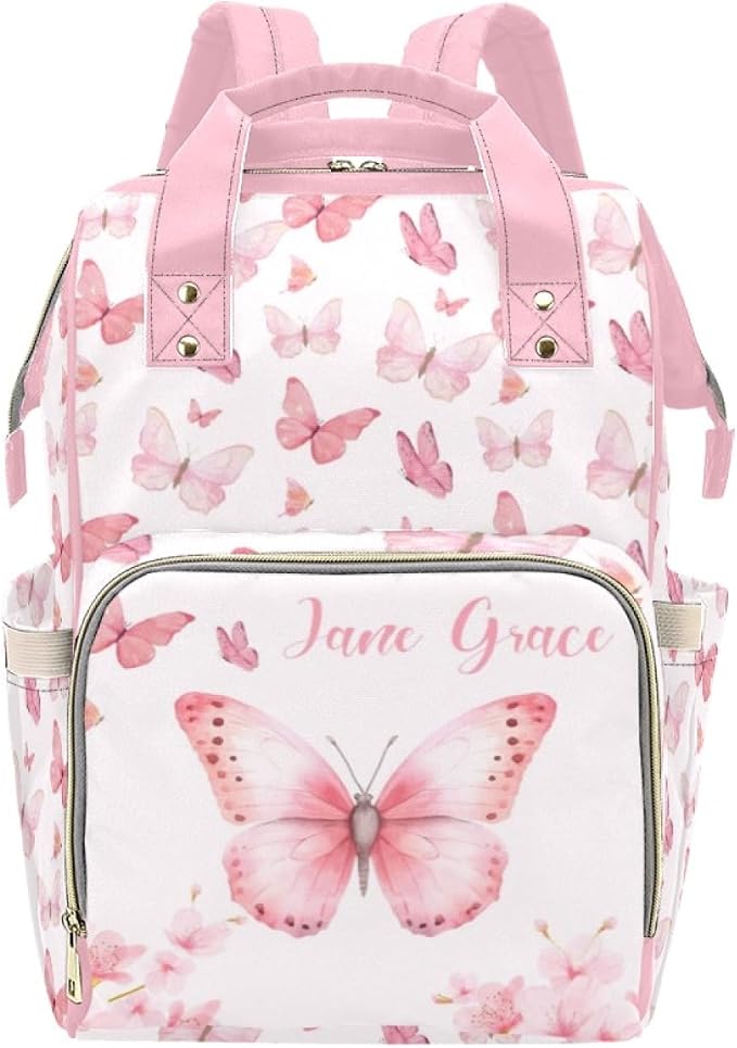 Custom Baby Diaper Bags with Name, Butterfly Pink Personalized Diaper Bag Backpack Mommy Bag Diaper Nappy Bags Casual Daypack Travel Shoulder Bag for Mom by Noverbibi