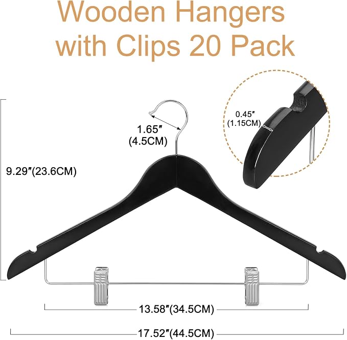 TOPIA HANGER Wooden Suit Hangers with Adjustable Metal Clips (20 Pack), Solid Wood Coat Hangers, 360° Swivel Hook, Premium Clothes Hangers for Jacket, Pant, Jeans, Blouse-Black, CT28B20 - Image 6