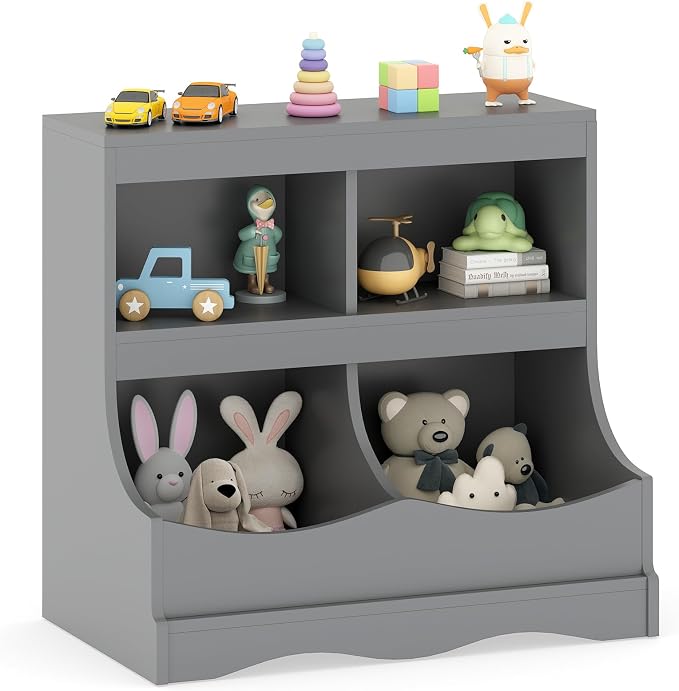 HONEY JOY Kids Toy Storage Organizer, 4-Cubby Wooden Bookcase Cabinet, 2-Tier Open Daycare Shelf for Preschool, Kids Display Bookshelf for Bedroom, Playroom, Classroom & Nursery (Gray) by HONEYJOY