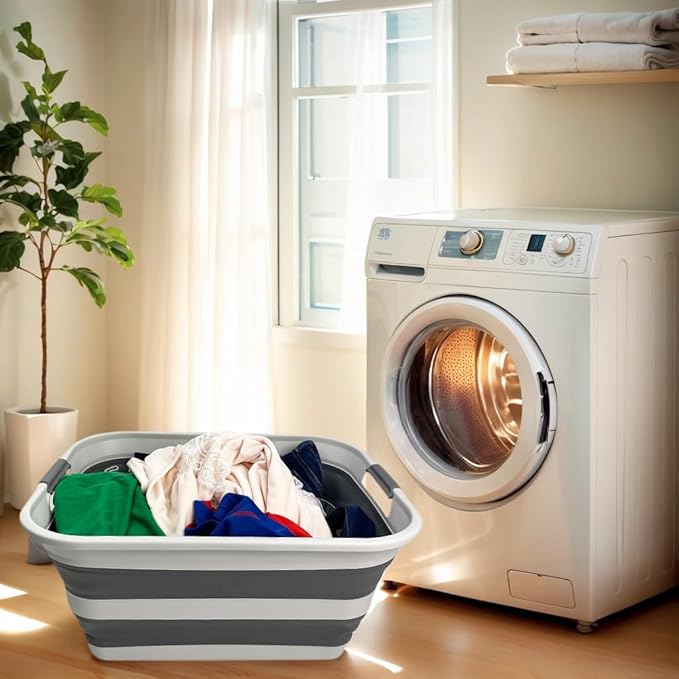 SMMART Collapsible Plastic Laundry Basket with Handle/Foldable Pop Up Storage Hamper/Portable Laundry Organizer-Space Saving Washing Tub/Household Storage Supplies (Grey/Steel Grey, 42L) by SAMMART