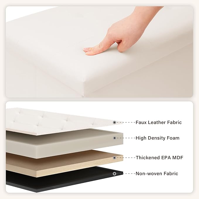 PINPLUS Folding Storage Ottoman Bench with Tray, 43.3inches Faux Leather Long Storage Chest Footrest Seat, Coffee Table, Foot of Bed Storage Bench for Living Room Bedroom, Beige - Image 6