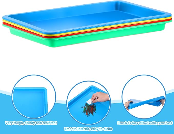 Remerry 4 Pcs Plastic Art Tray for Classroom Stackable Activity Craft Sand Tray Sensory Play Organizer for Kid Painting School Work Art Project Jewelry Sorting Supply (13.4 x 10 Inch,Rainbow Color) - Image 3