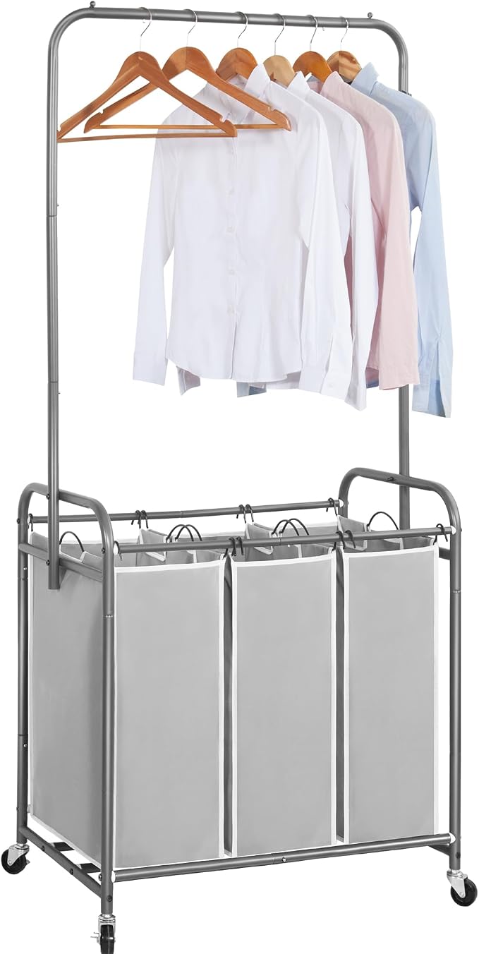 STORAGE MANIAC 136L Laundry Sorter with Hanging Bar, Portable, Removable Laundry Hamper Cart with Heavy Duty Rolling Lockable Wheels and Removable Bags, Rolling Laundry Basket Organizer, 3 Section by STORAGEMANIAC