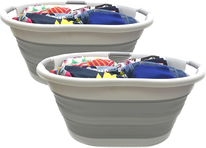 SAMMART 57L (15 Gallons) Collapsible 3-Handled Plastic Laundry Basket - Oval Tub - Portable Washing Tub-Space Saving Laundry Hamper, Water Capacity 44L / 11.6 Gallon (2, Grey/Grey) by SAMMART