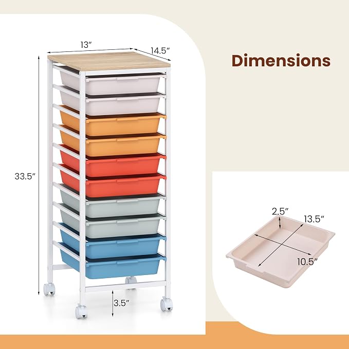 Giantex Rolling Storage Cart with 10 Drawers, Utility Cart w/Wooden Tabletop, Lockable Wheels, Multipurpose Organizer for Art Craft Books Paper, Drawer Carts for Dorm Classroom Office, Macaron - Image 3