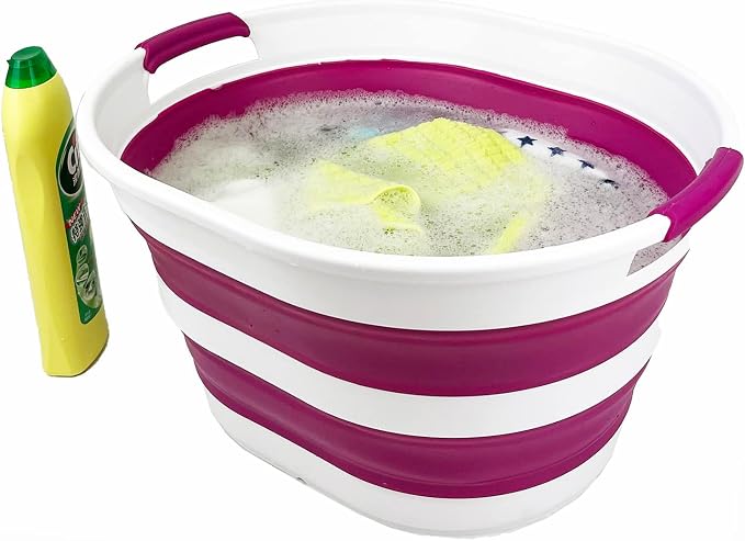SAMMART 23L (6 Gallons) Collapsible Plastic Laundry Basket - Oval Tub/Basket - Foldable Storage Container/Organizer - Portable Washing Tub (White/Purple (Set of 2)) - Image 6