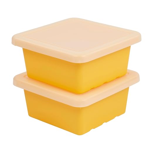 ECR4Kids Stackable Square Bins with Non-Snap Lids, Multipurpose Organization, Yellow, 2-Pack by ECR4Kids