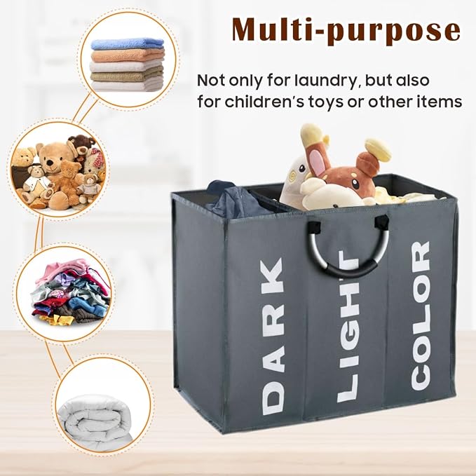 3 Section Laundry Basket Collapsible Laundry Hamper With Carry Handles Laundry Storage Washing Storage Bin (3 Section-Dark Grey) - Image 3