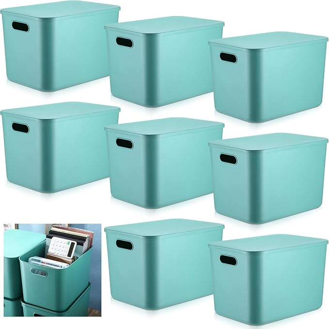 8 Pack Storage Bins, 14.2 X 10.2 X 9.5 Inch Green | Plastic Stackable Containers with Lid Handle, For Shelves Desktop Playroom Office, Organizing Toys Books Supplies Storage by Hoolerry