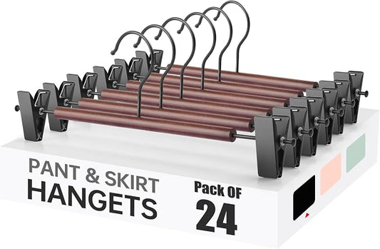 Wooden Pants Hangers with Clips 24 Pack, Heavy Duty Adjustable Clip Non Slip Skirt Hanger for Jeans, Trousers, Short, Clothes, Space Saving Closet Organizer (Black, 24 Pack) by POZEAN