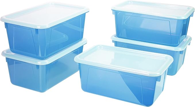 Storex Small Cubby Bins – Plastic Storage Containers for Classroom with Non-Snap Lid, 12.2 x 7.8 x 5.1 inches, Tint Teal, 5-Pack (62486U05C) by Storex