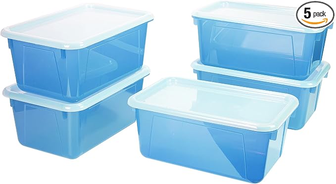 Storex Small Cubby Bins – Plastic Storage Containers for Classroom with Non-Snap Lid, 12.2 x 7.8 x 5.1 inches, Tint Teal, 5-Pack (62486A05C) by Storex