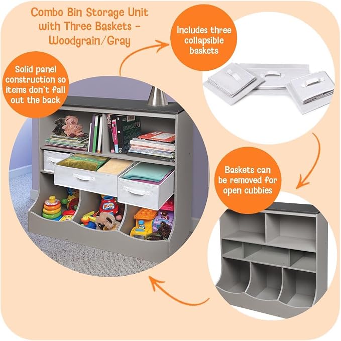 Badger Basket Combo Bin Toy Storage Unit and Book Shelf for Kids with 3 Baskets - Woodgrain/Gray | Kids storage organizer with 3 removable baskets, open shelves & display top for toys, books, clothes & more. - Image 2