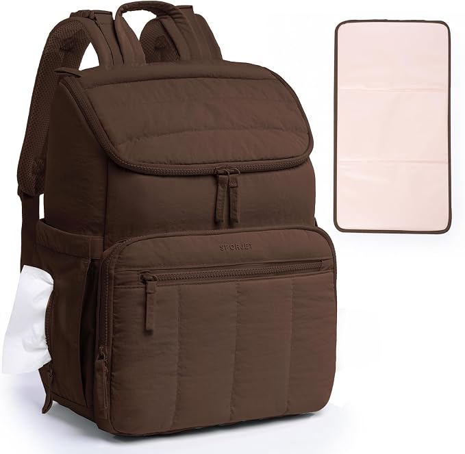 Puffy Diaper Bag Backpack for Mom, Lightweight Quilted Baby Bag with Waterproof Changing Pad, Large Travel Diaper Backpack with Insulated Bottle Pockets, Wipes Pocket, Stroller Straps by SPORJET