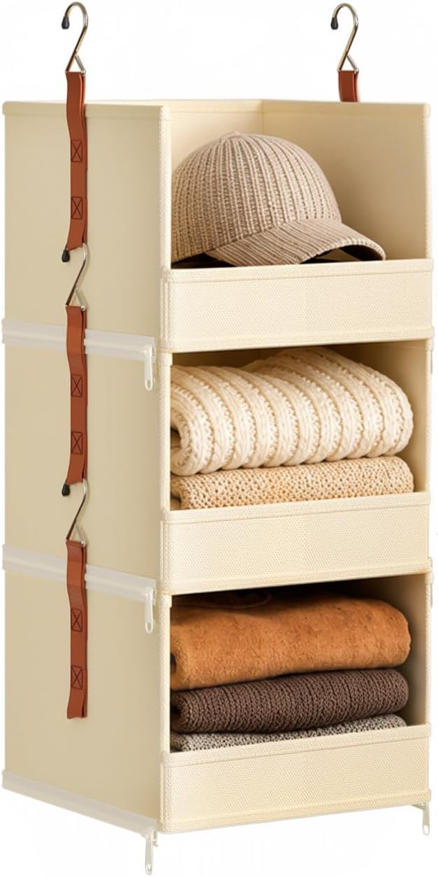 DIMJ Hanging Closet Organizer - 3-Tier Modular Hanging Shelves with Zippers Hooks, Collapsible Baskets for RV, Dorm, Small Spaces, Fabric Storage Bins for Clothes, Handbags by DiMJ