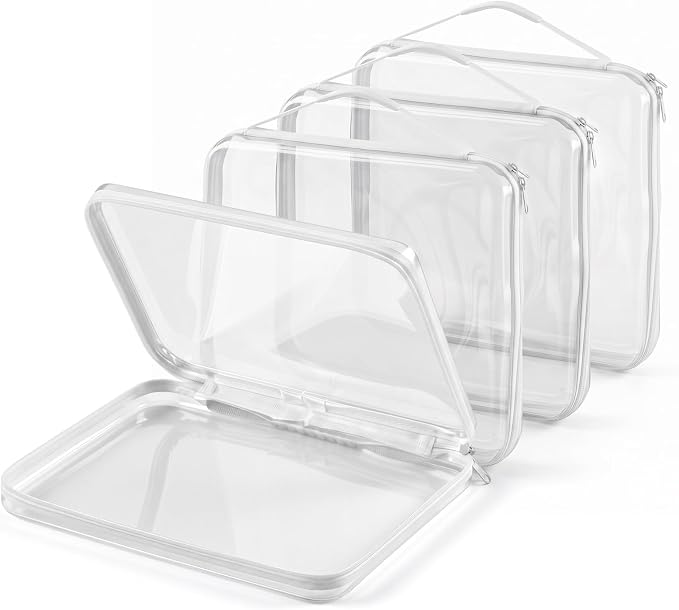 4-pack Extra Large Clear Board Game Storage Case with Handles | Clear Hard Shell Case with Zipper 4 Pcs A6 Mesh Bags & 4 Label Sticker for Board Games Card Decks Puzzle, 13.78"x11.8"x1.97" by Moinchore