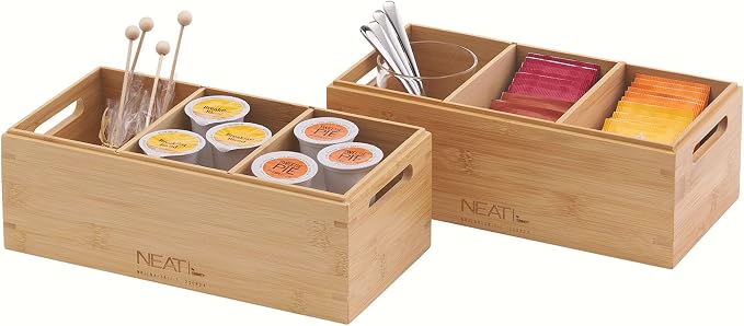 Set of 2 Stackable Bamboo Wood Boxes with Handles, Storage Bins for Shelving, Countertop, Kitchen, Pantry, Office & Desk, Crafts, Snack & Tea Bag Organization, 12"x6" - Image 4