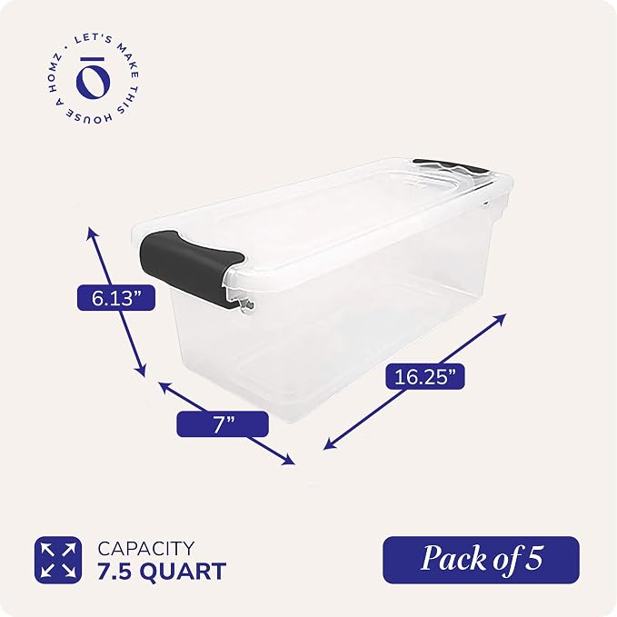 HOMZ 5-Pack Latching Lid, Clear Plastic Storage Organizer Bins, 7.5 Quart, Gray Latch - Stackable Organizing Containers for Home, Garage, and Office - Image 4
