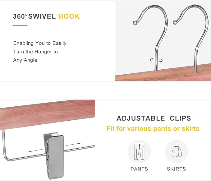 TOPIA HANGER 10 Pack American Red Cedar Natural Wooden Pants Skirt Slacks Bottoms Jeans Hangers with Metal Anti-Wrinkle Adjustable Clips, 360° Stronger Chrome Hooks, CT07P - Image 3