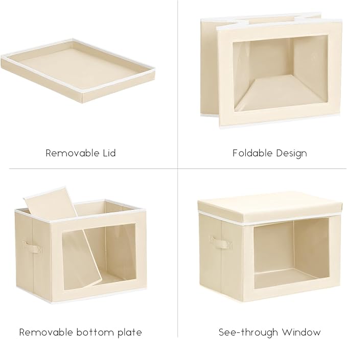 Storage Bins with Lids - Small Fabric Organizers with Window, Collapsible Storage Bins for Clothes, Decorative Closet Organizers for Towels, Tshirt, 4 Pack, Beige - Image 7