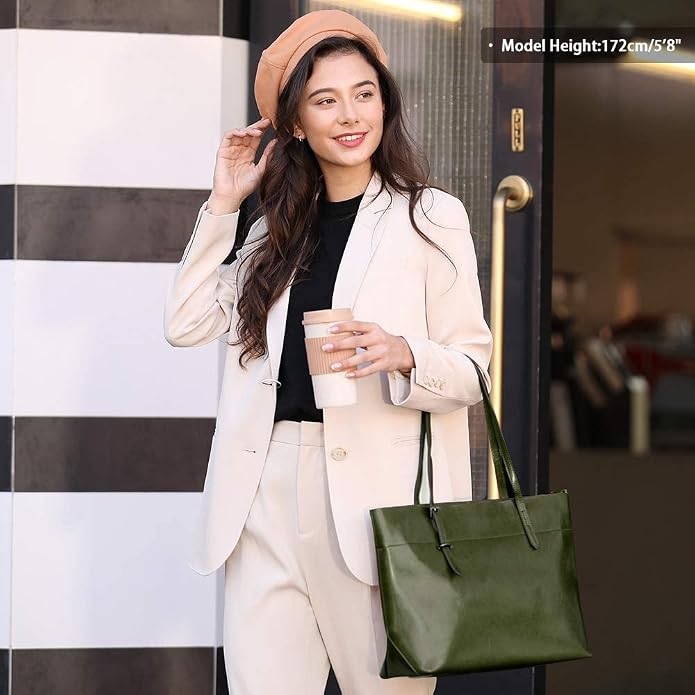 Kattee Vintage Genuine Leather Tote Shoulder Bag for Women | Genuine leather tote with adjustable straps, 7 pockets, and room for a 14-inch laptop, ideal for work and travel. - Image 2