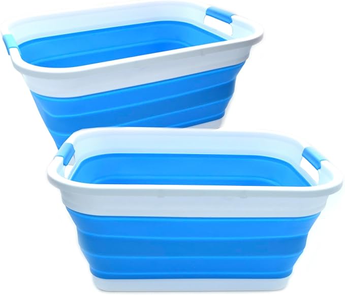 SAMMART Set of 2-41L(10.8 gallon) Collapsible Plastic Laundry Basket-Pop Up Storage Container-Portable Washing Tub-Space Saving Hamper/Basket, Water capacity:32L(8.4 gallon) (2 rectangular, Sky Blue) by SAMMART