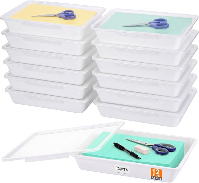 12 Pcs Classroom Paper Storage Bins with Clear Latching Lid, Label Stackable Letter Size Flat Tray Container for Teacher Back to School Supplies Home Office Desk Arts Crafts (White,13x10in) by Tinlade