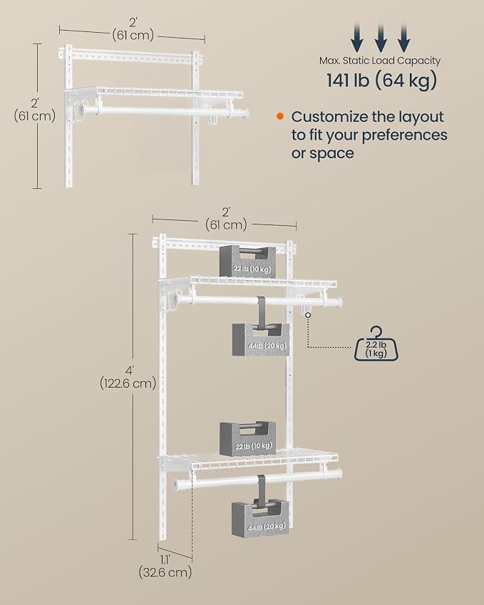 SONGMICS HOME Closet System, Closet Insert Organizer, 2-4 ft Closet Shelves | Adjustable Metal Shelving Unit, 2 Hanging Rods, 2 Shelves, Hooks, Pearl White and Cloud White, PATRIA Collection URGR030W01 - Image 3