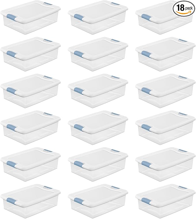 Sterilite Latching Box with Lids for Home and Office, 32 Quart, 18-Pack | Heavy-Duty and Stackable Plastic Containers with Latches for Closet, Cabinet, Bedroom, Bathroom and Dorm Room Organization by Sterilite