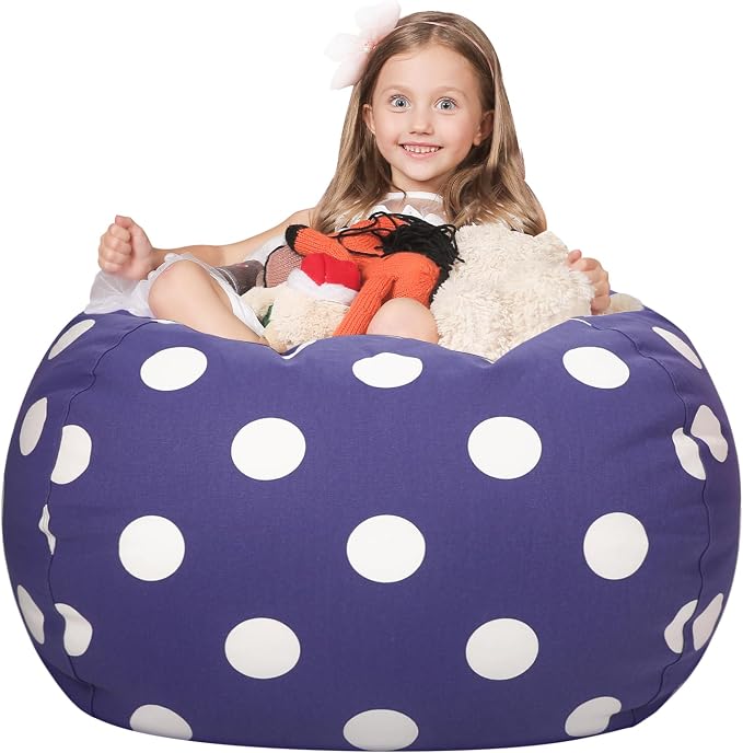 WEKAPO Stuffed Animal Storage Bean Bag Chair Cover for Kids | Stuffable Zipper Beanbag for Organizing Children Plush Toys Large Premium Cotton Canvas (Navy Dot, X-Large) by Wekapo
