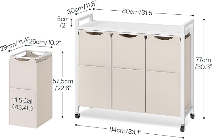 HOOBRO Laundry Sorter 3 Section, Laundry Hamper with Wheels, 3 × 11.5 Gal (43.4L), Rolling Laundry Basket, Pull-Out and Removable Oxford Fabric Bags, White WG76XY01 - Image 3