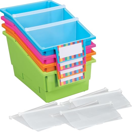 Really Good Stuff Chapter Book Classroom Library Bins with Dividers -4 Pack | 8.75" x 13.5" x 7.75", Neon, Large Plastic Bin Organizers for Book Organization, Documents, Files, Magazines by ReallyGoodStuff