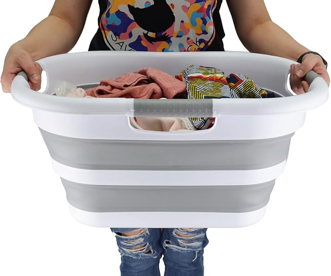 SAMMART 30L (7.9 gallon) Collapsible Plastic Laundry Basket - Foldable Pop Up Storage Container/Organizer - Portable Washing Tub - Space Saving Hamper/Basket (White/Grey (Set of 2)) - Image 6