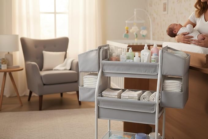 Rolling Utility Cart with Side Storage, 3-Tier Diaper Cart & Baby Caddy Organizer for Nursery Essentials, Bedside/Postpartum Nursing Cart, Craft & Art Storage Organizer, Rolling Book Cart - Image 7