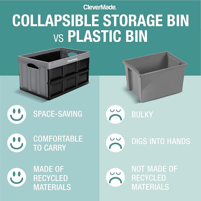 CleverMade Collapsible Storage Bins, 32L, 3 Pack Foldable Storage, Stone | Turn Trunk and Garage Clutter into Stackable Order | Reinforced Plastic Handles Up to 66 lb, Then Nests Compactly When Folded - Image 3