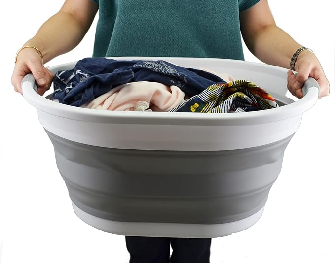 SAMMART 32L (8.4 gallon) Collapsible Plastic Laundry Basket - Foldable Pop Up Storage Container/Organizer - Portable Washing Tub - Space Saving Hamper/Basket, Water Capacity: 24L (1, White/Grey) - Image 7