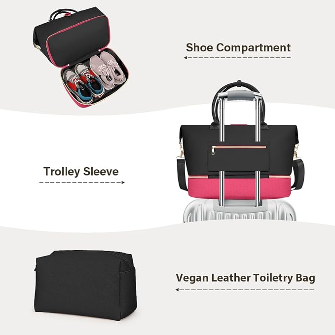 Leather Weekender Bags for Women, Travel Duffel Bag PU Overnight Bag Carry On Tote Bag with Shoe Compartment Wet Pocket - Image 3