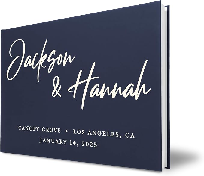 Personalized Wedding Guest Book w/Names, Date, and Address, Custom Hardcover Guest Book for Wedding Reception, Blank Pages for Signing - Navy Blue by Follow