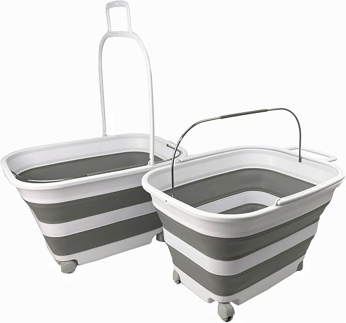 SAMMART 35L (9.24 Gallons) Collapsible Plastic Laundry Basket with Handle and Wheels - Foldable Pop Up Storage Container/Washing Tub - Space Saving (2, White/Grey) by SAMMART