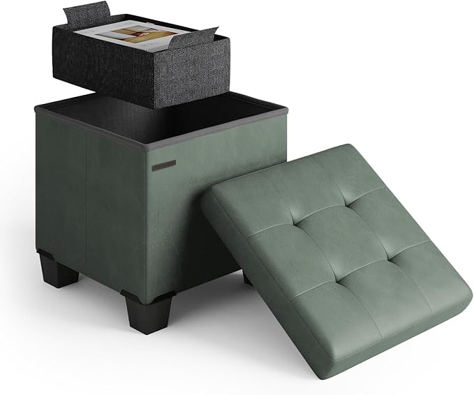 Storage Ottoman Cube with Small Bin, 15-in Square Ottoman with Storage for Living Room and Bedroom, Small Ottomans Foot Rest, Leather Foot Stools Ottomans Max 330lbs, Green by STORAGEBUD